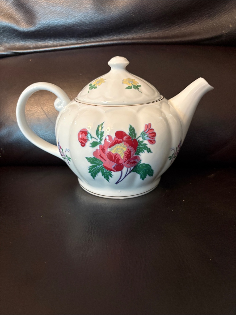 Laura AshleyWhite Floral Porcelain Teapot with Red & Green Peony Motif